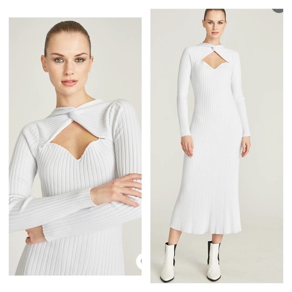 AMUR White Ribbed Cutout Long Sleeve Bodycon Midi Dress Size L - Picture 4 of 15